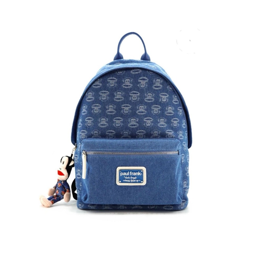 Paul Frank Light Denim Backpack Don't Forget Never Grow Up Plush Monkey Clip